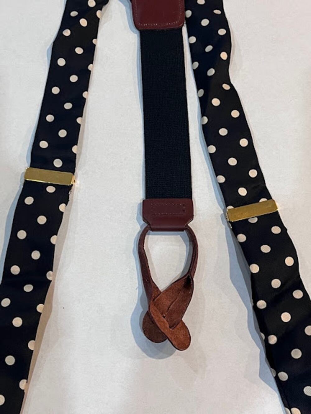 Vintage Silk Suspenders Braces Black White Dots Brown Leather Fully Expandable